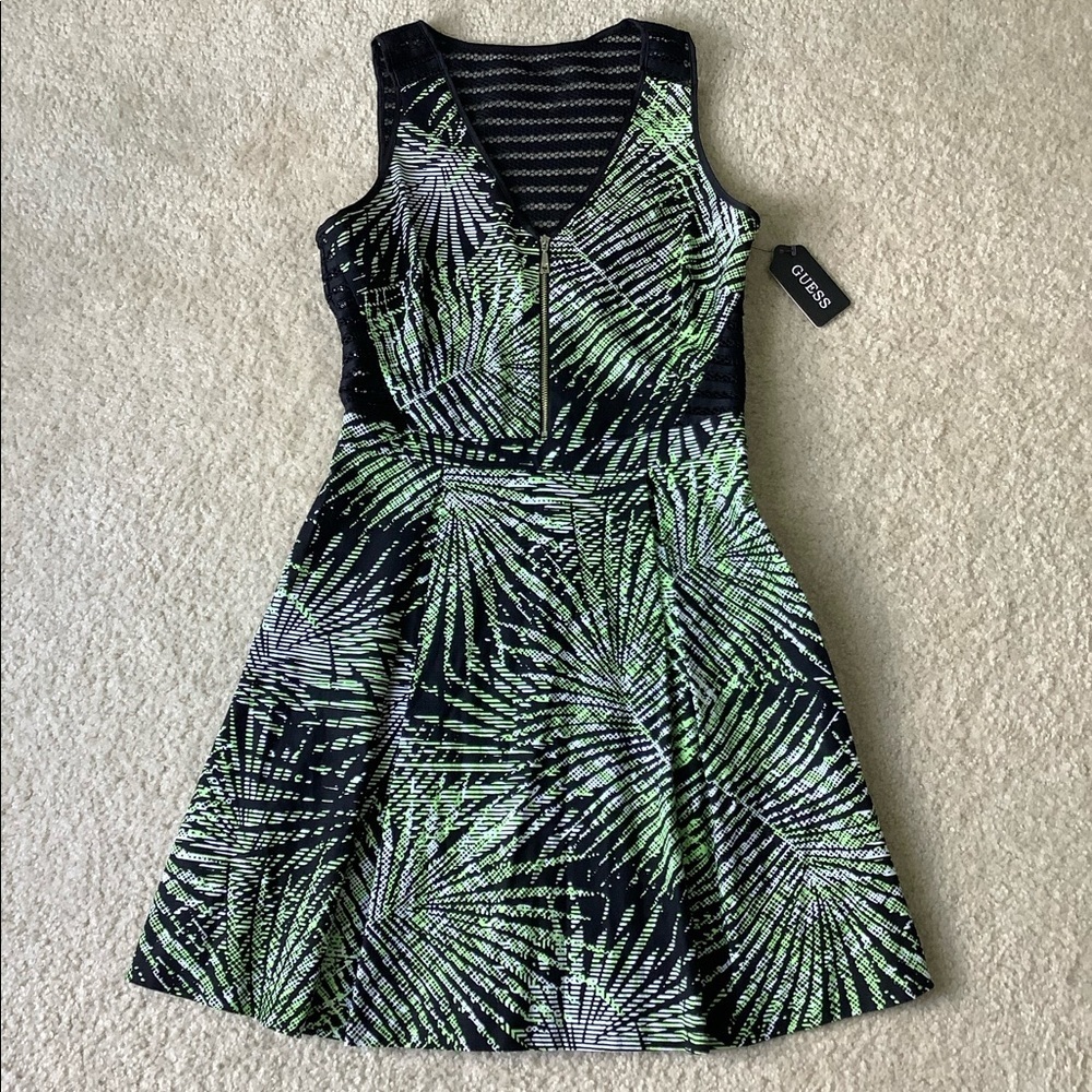 GUESS Green and Black Illusion Stripe Palm Fit and Flare Sleeveless Skater Dress